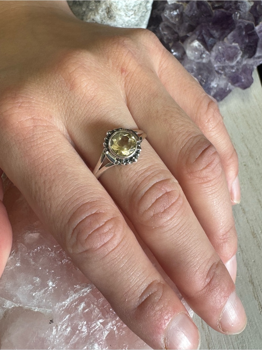 Citrine Halo Sterling Silver Ring - Yellow Gemstone Faceted - Size 9-9.25
